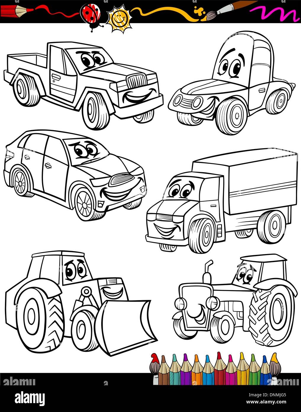 Coloring Book Or Page Cartoon Illustration Of Black And White Cars Or Trucks Vehicles And Machines Comic Characters Set For Chil Stock Vector Image Art Alamy