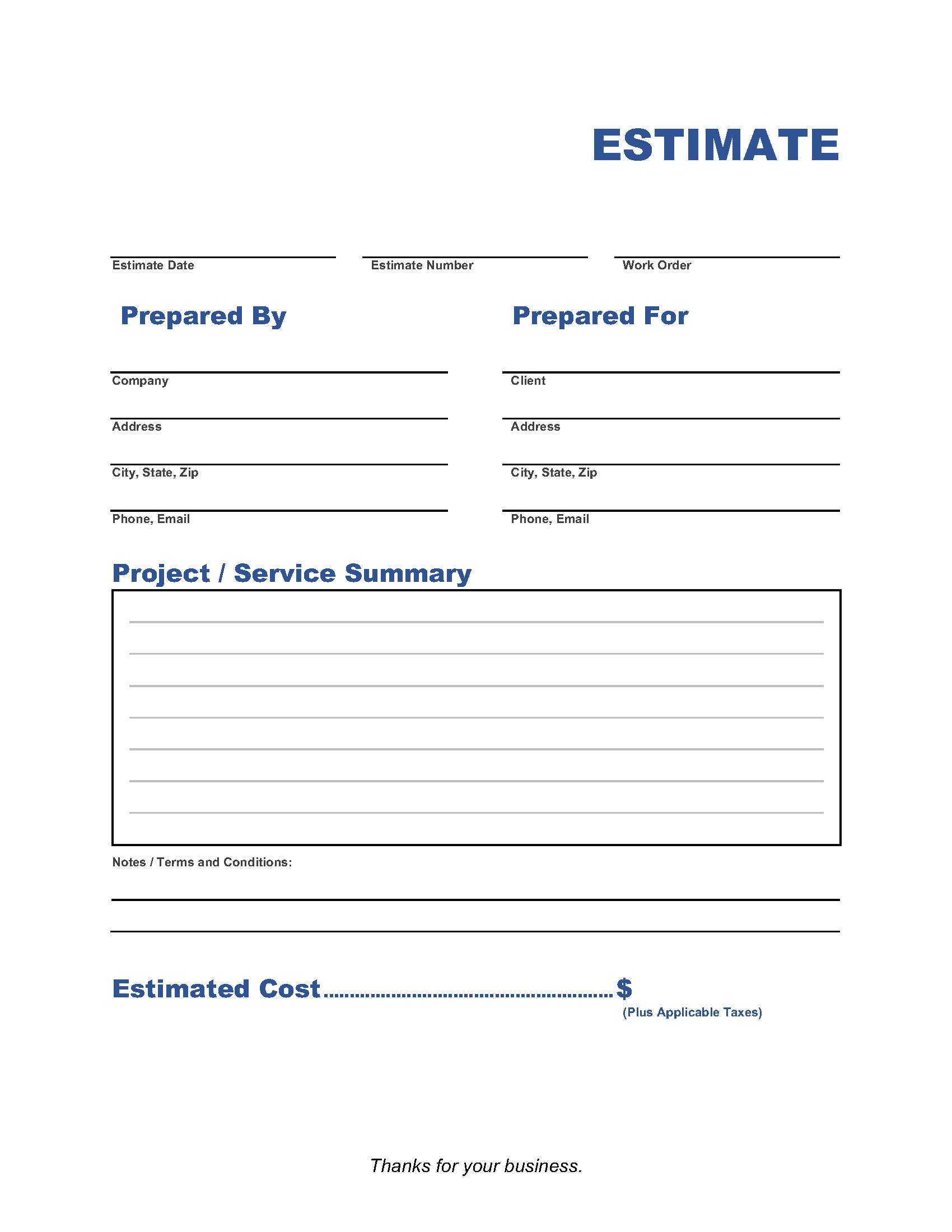 Free Printable Contractor Estimate