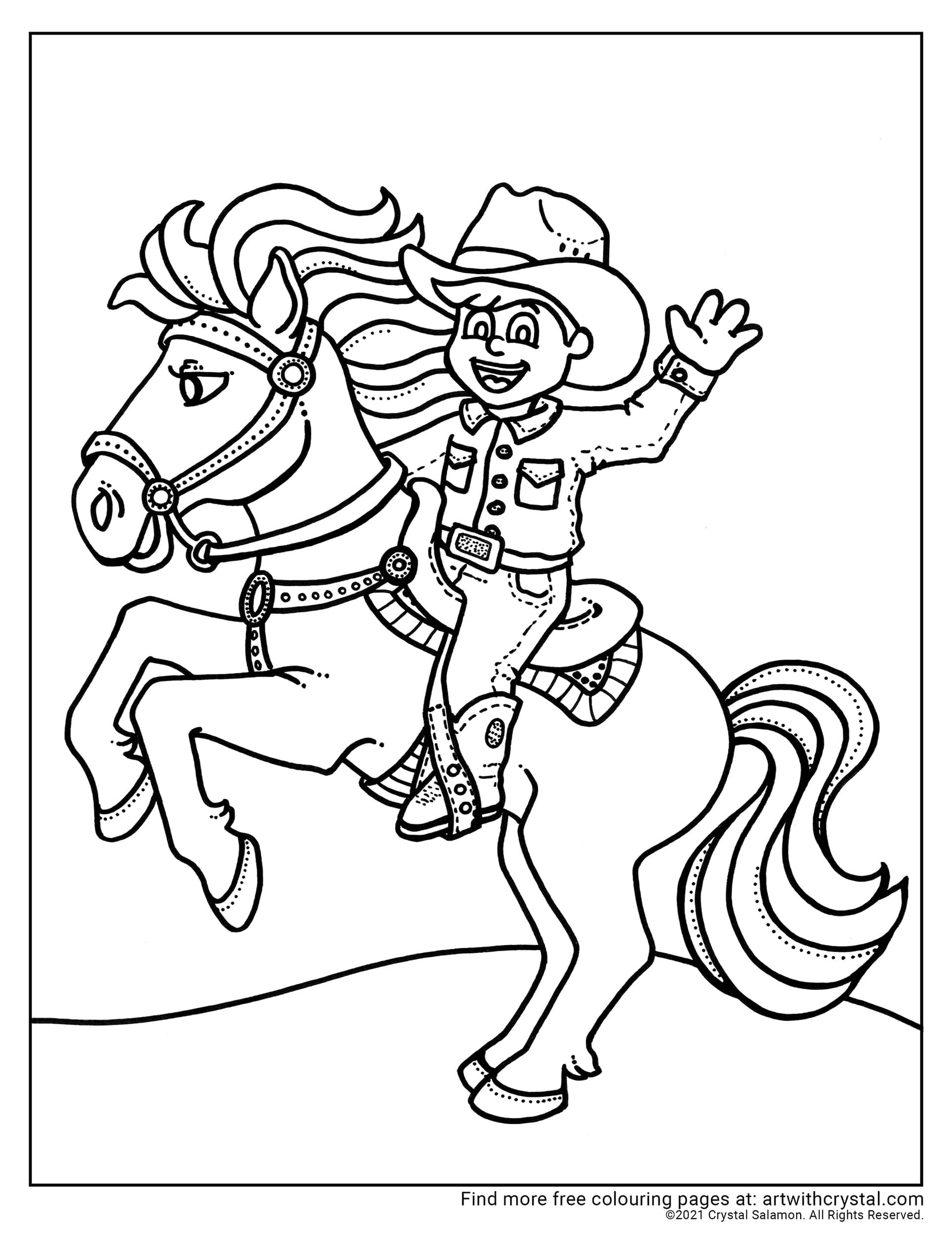 Cowboy Riding A Horse Free Colouring Page Art With Crystal