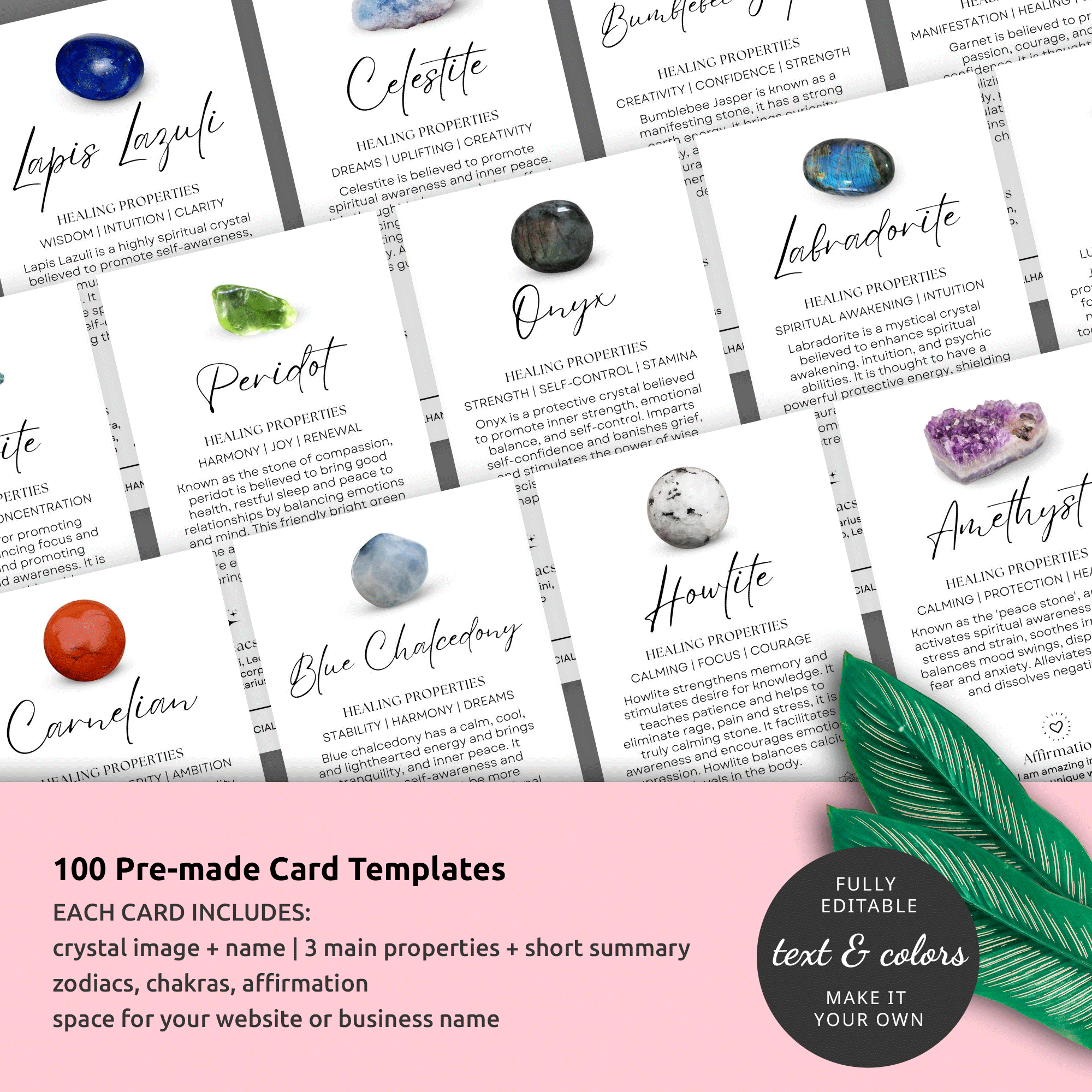 Crystals Healing Properties Canva Template Affirmation Cards