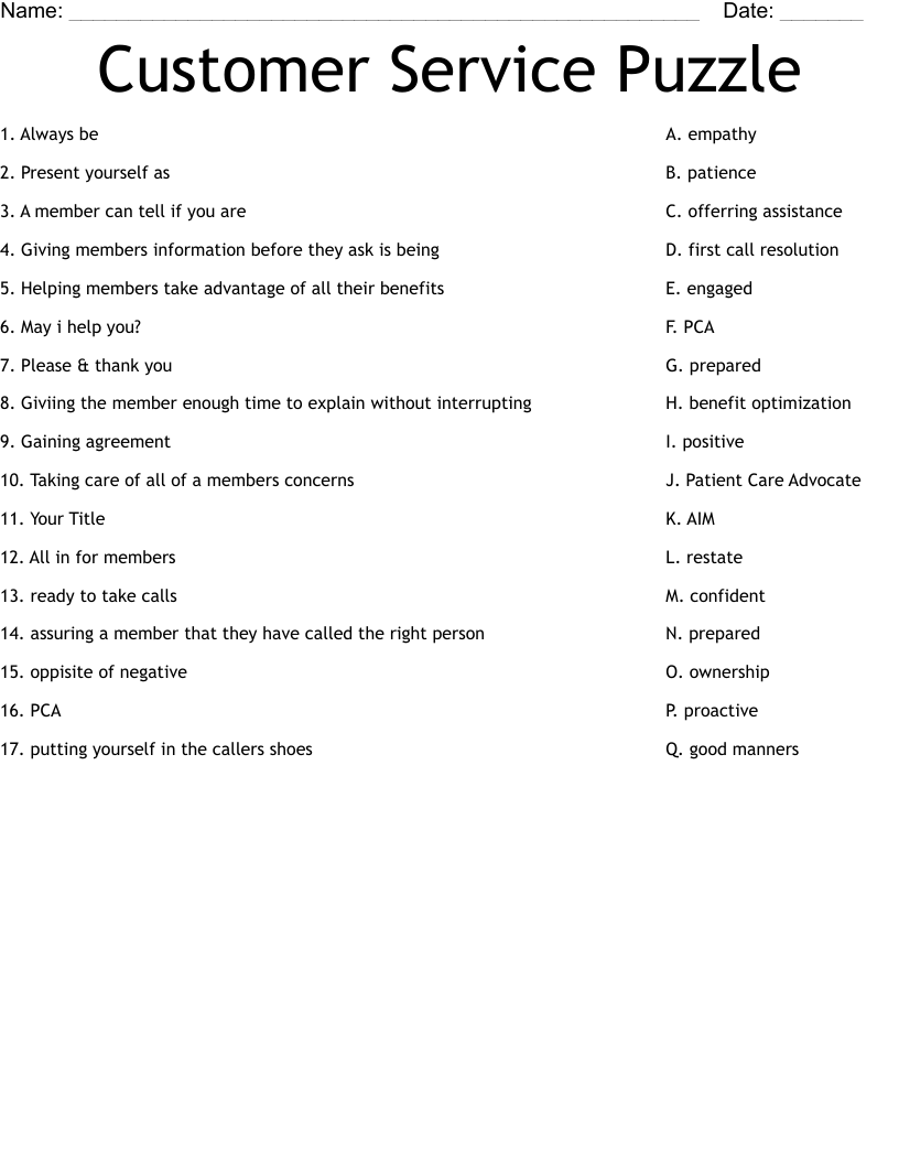 Customer Service Puzzle Worksheet WordMint