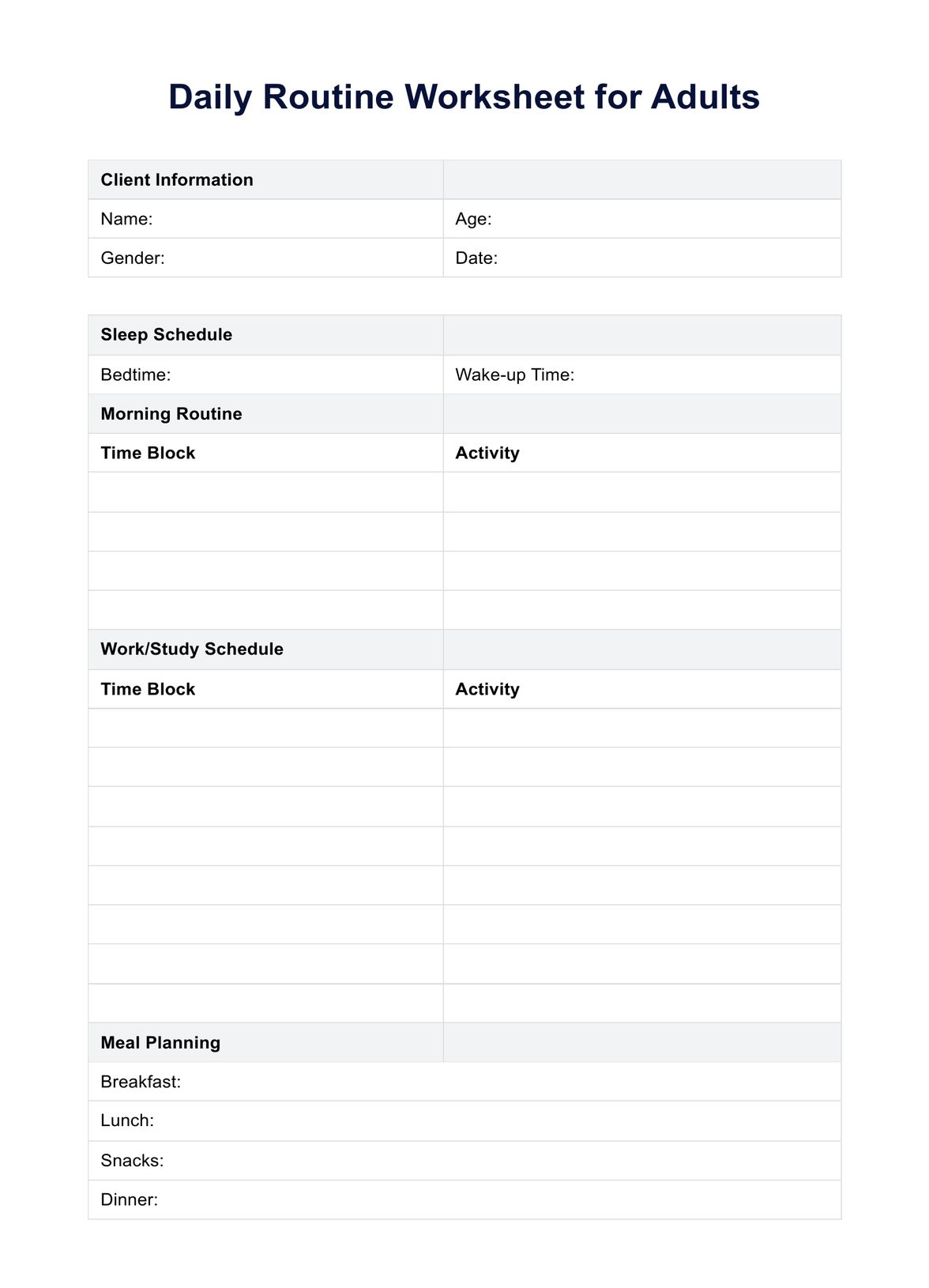 Daily Routine Worksheet For Adults Example Free PDF Download