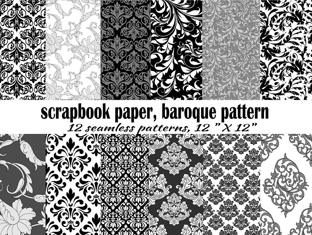 Damask Pattern Digital Paper Black Gray And White Digital Paper Pack Of Damask Backgrounds Digital Printable Scrapbook Paper Baroque Etsy