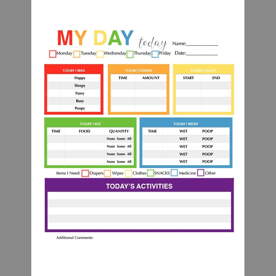 Daycare Report Sheet PRINTABLE Toddler Baby Daily Report For At home Daycare Babysitter Nanny Etsy