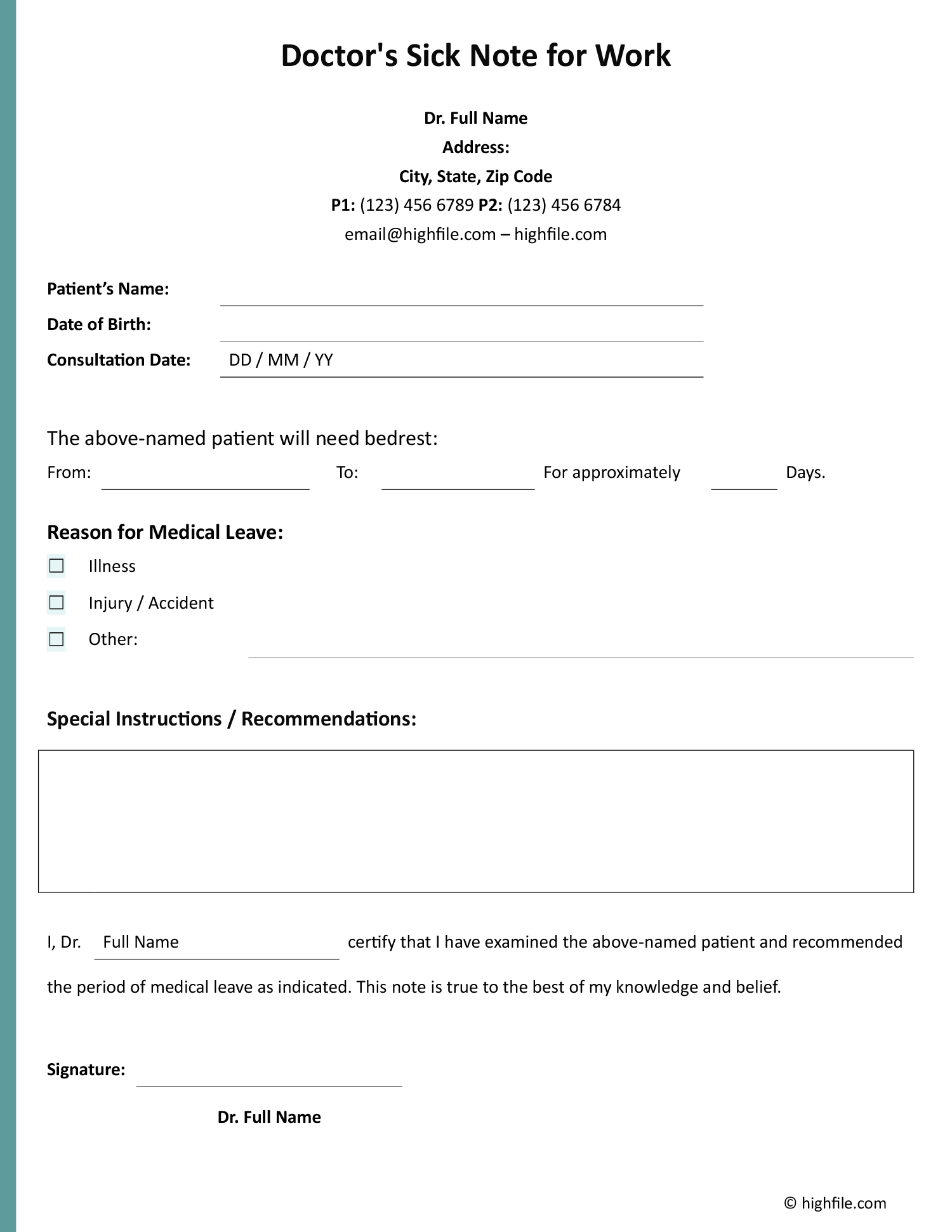 Doctor s Sick Note For Work Word Google Docs Highfile