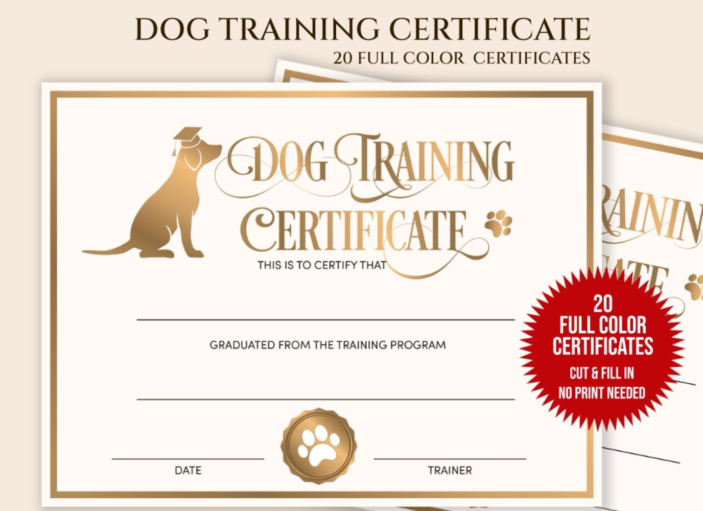 Dog Training Certificate Puppy Training Certificates Of Completion Dog Training Certification For Service Dogs Service Dog Certificate Template Design GC Amazon Books