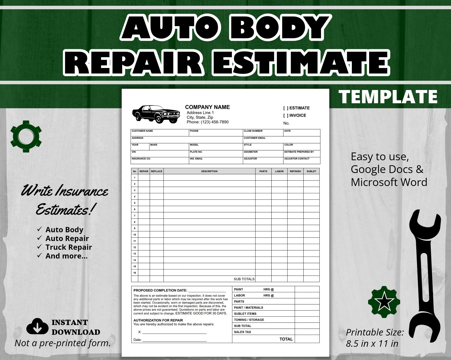 Editable Auto Body Repair Estimate Template WORD Google Docs Printable PDF Auto Repair Estimate Template Body Shop Estimate Template Etsy