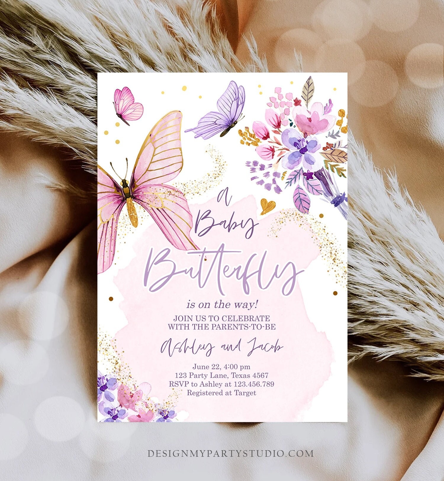 Editable Butterfly Baby Shower Invitation Purple Butterfly On The Way Invite Floral Pink Gold Girl Download Printable Template Corjl 0437 Etsy