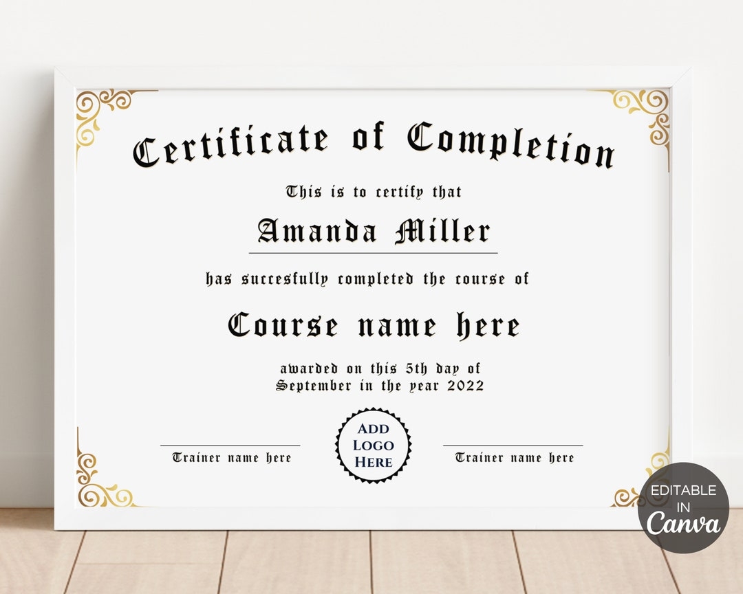 Editable Certificate Of Completion Template Gold Certificate Template Printable Certificate Canva Template 2 Sizes Included TDS 10 Etsy