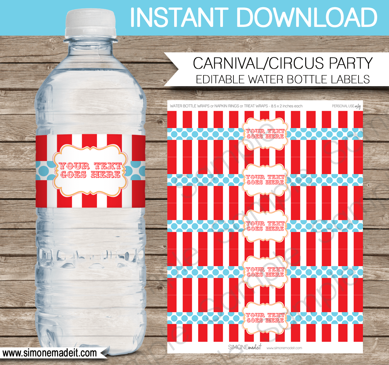 Editable Circus Water Bottle Labels Template Printable Birthday Party