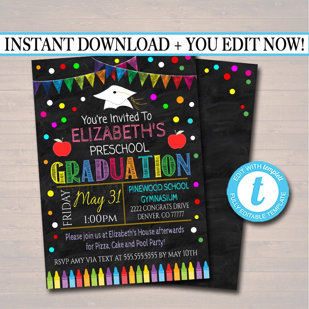 Editable Graduation Invitation Chalkboard Printable Kindergarten Preschool Pre K Graduate School Graduation Ceremony Invite INSTANT DOWNLOAD Etsy