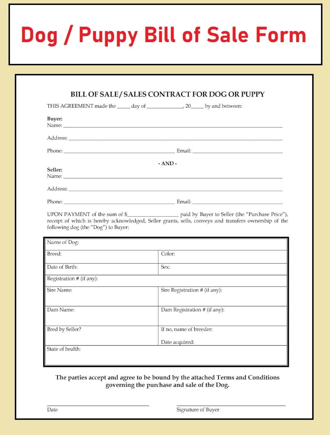 Editable Pdf File Dog puppy Bill Of Sale Puppy For Sale Form Pup Selling Agreement Pet Bill Of Sale Form Etsy