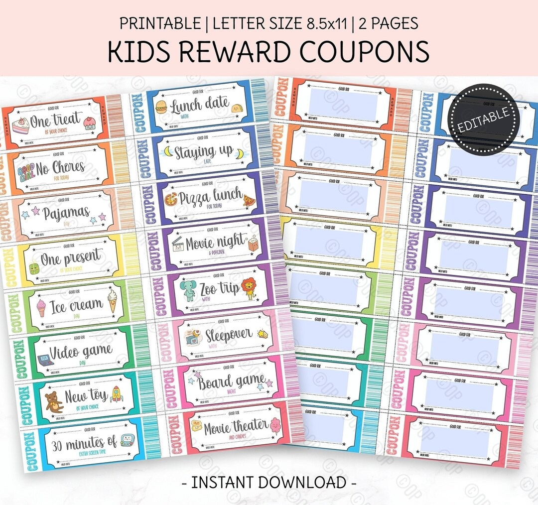 Editable Reward Coupons Printable Reward Tickets For Boys And Girls Pre filled Rewards Blank Editable Template A4 Us Letter Etsy