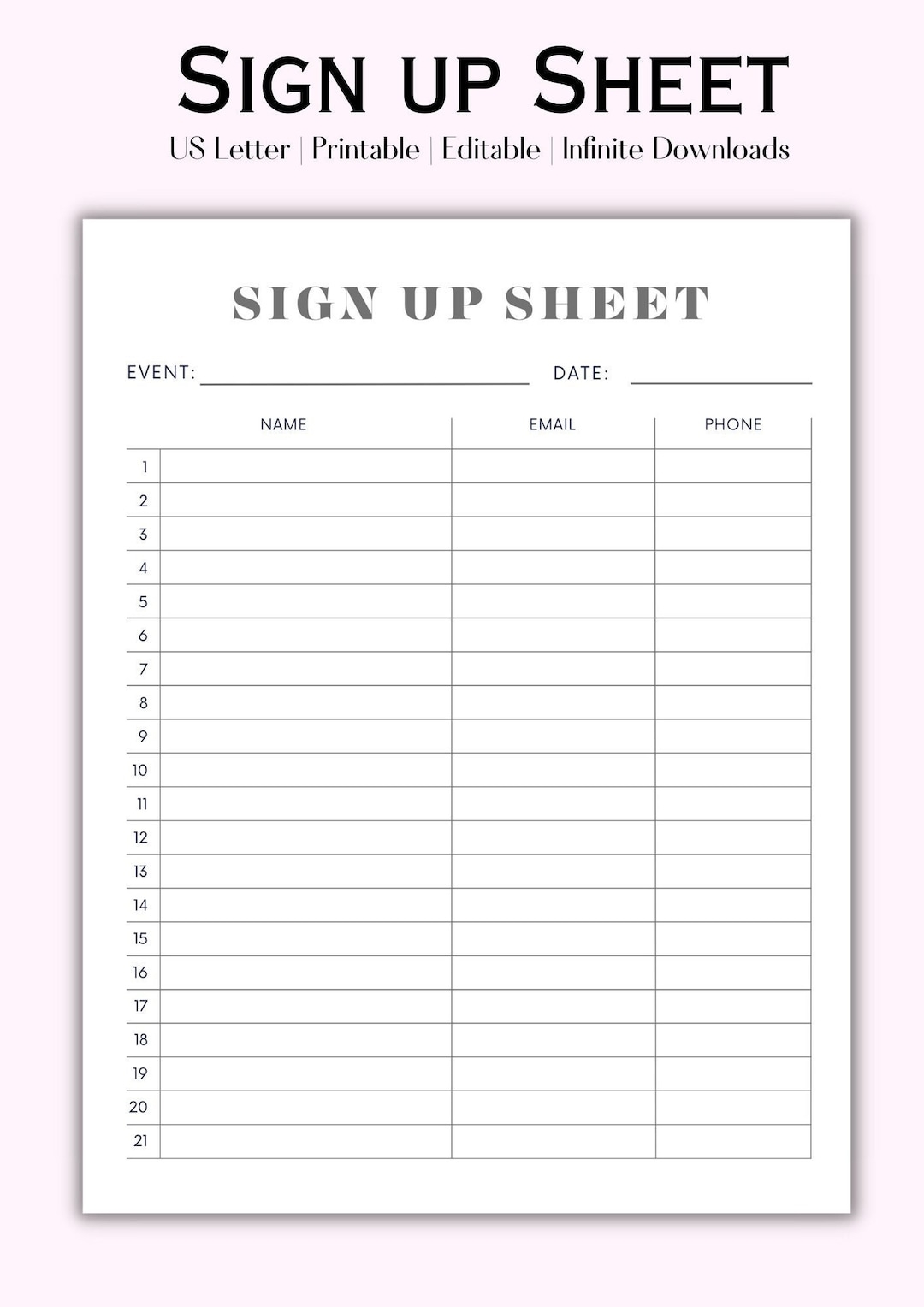 Editable Sign Up Sheet Printable Single Sign Up Form Minimalist Sign up Sheet Sign Up Page Layout Etsy