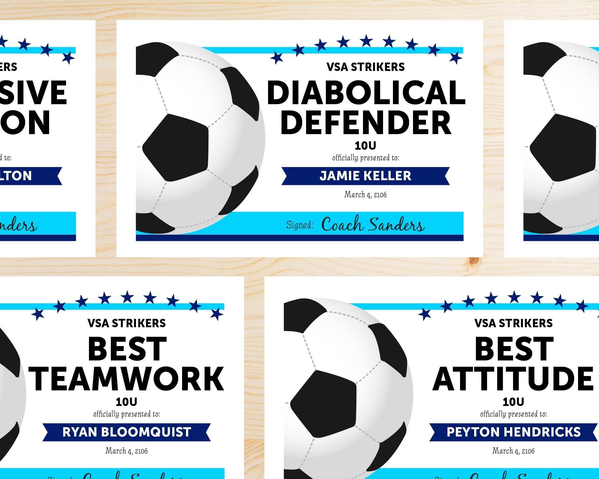 Editable Soccer Award Certificates INSTANT DOWNLOAD PRINTABLE Blue Navy And Turquoise Light Blue