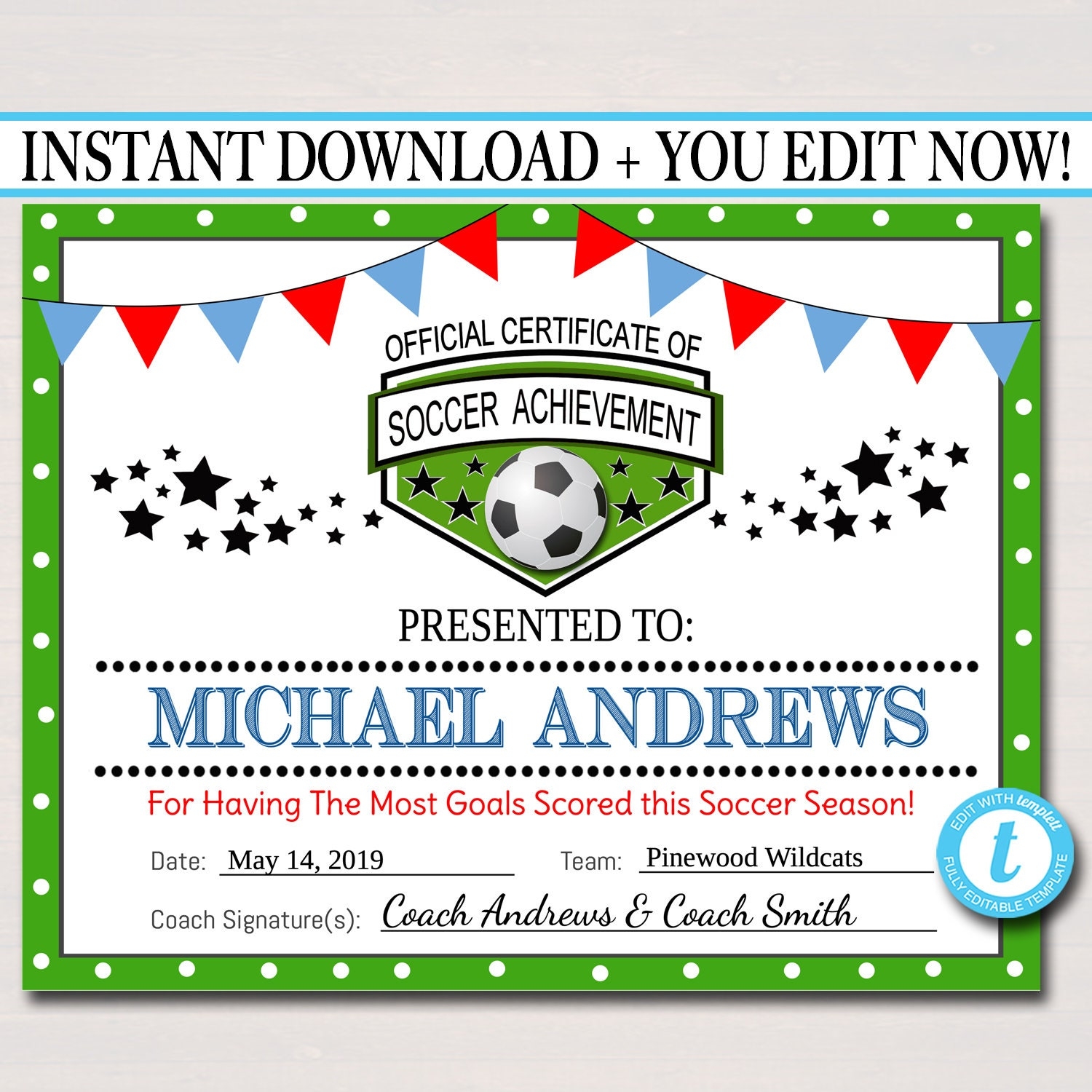 EDITABLE Soccer Award Certificates INSTANT DOWNLOAD Team Soccer Awards Soccer Party Printable Sportsmanship Awards Sports Certificates Etsy