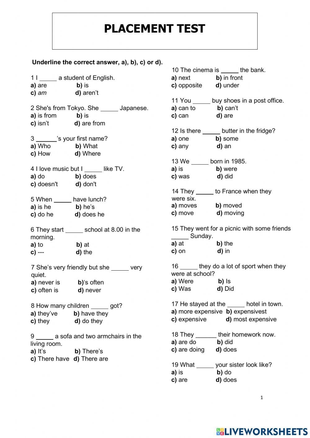 English Placement Test Activity