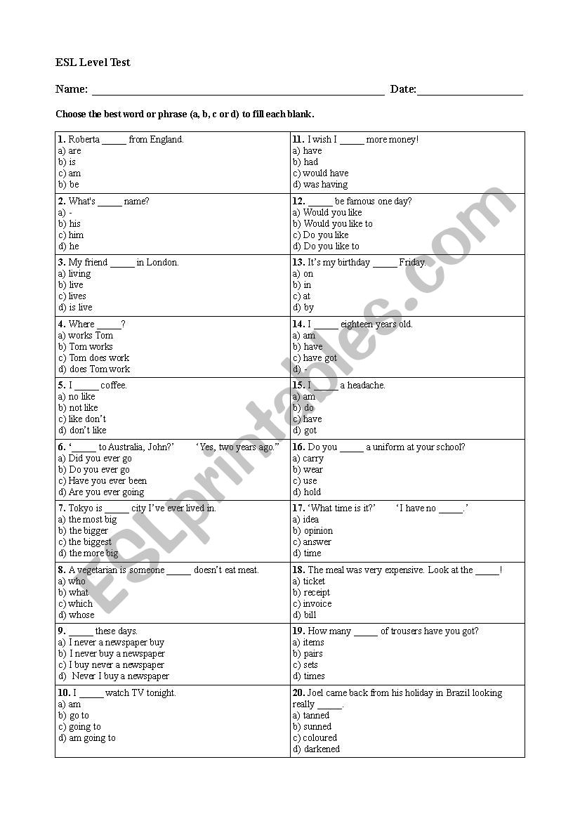 ESL Placement Test ESL Worksheet By Igvarr