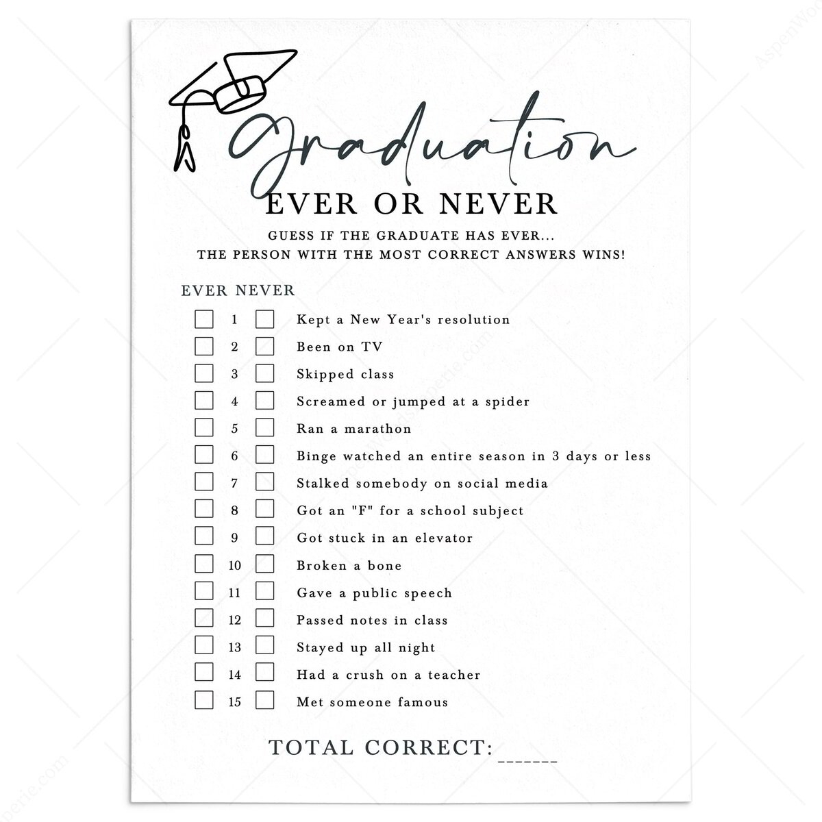 Ever Or Never Game Printable Graduation Celebration Party