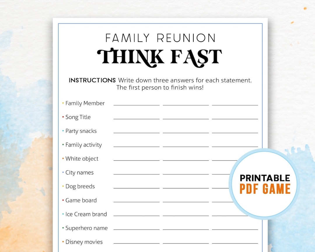 Family Reunion Think Fast Family Gathering Printable Games For Adults Teens Kids Ice Breaker Activities Digital Download Etsy