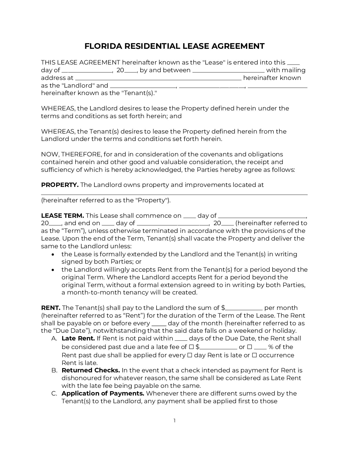 Florida Rental Lease Agreement Template 2024 PDF DOC