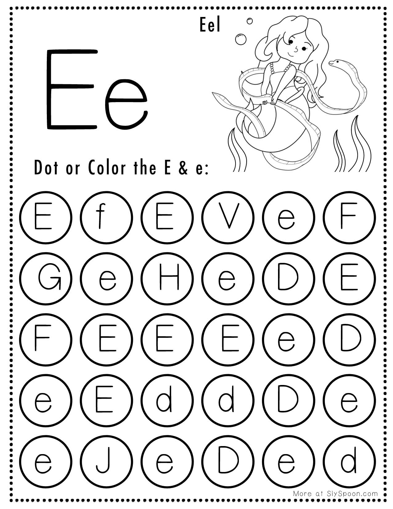 Free Alphabet Do A Dot Printables Worksheets Letter E Mermaid Themed Sly SpoonSly Spoon