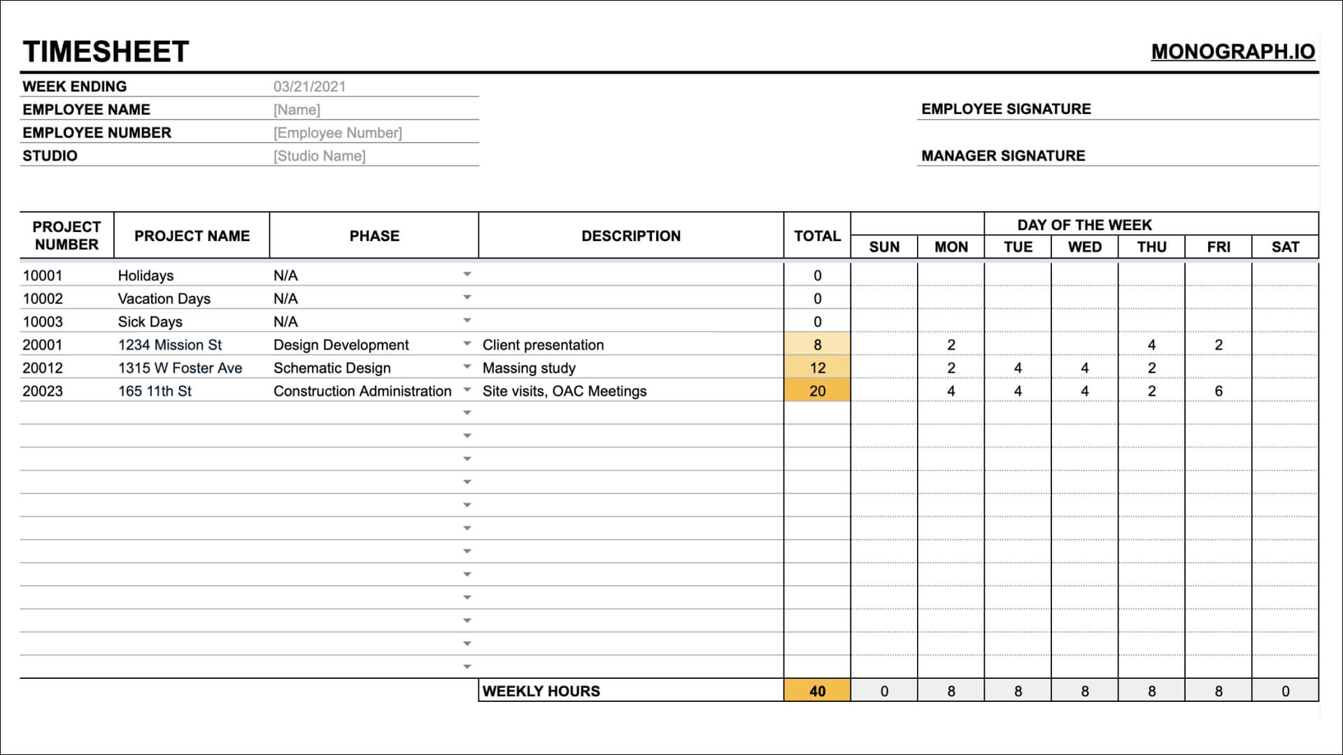 Free Architect Timesheet Template Monograph