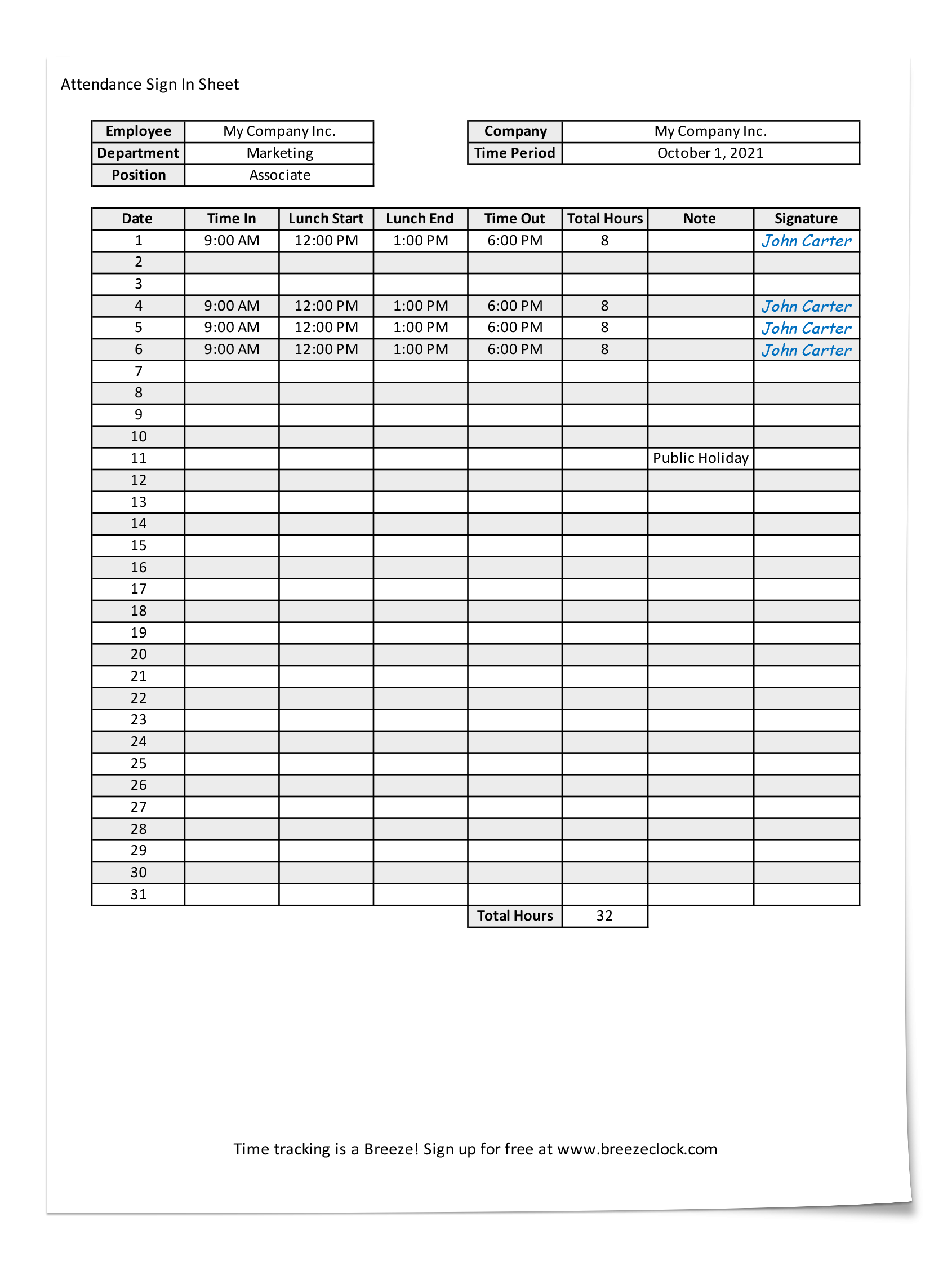 Free Attendance Sheet Template Breeze Clock