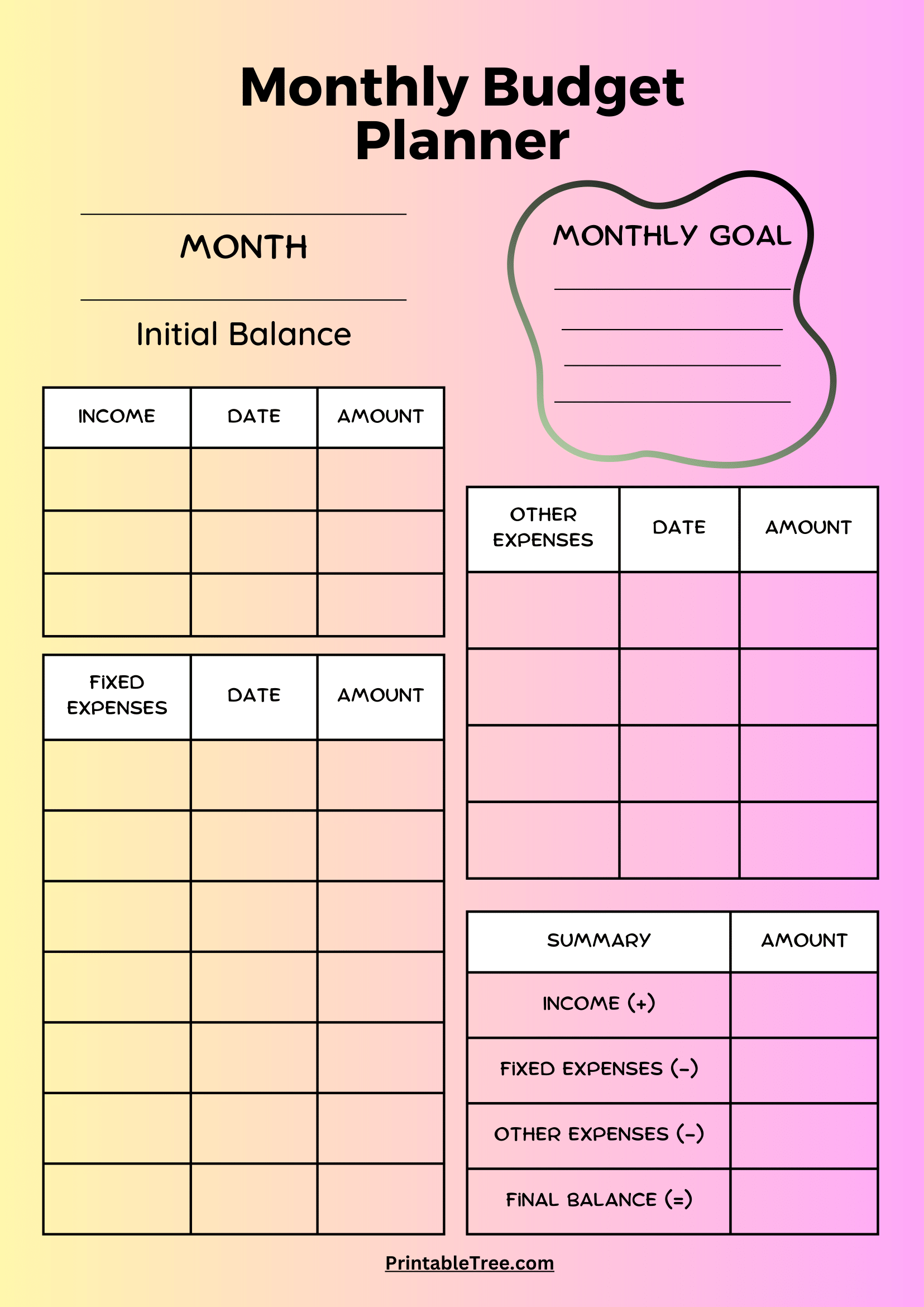 Free Printable Monthly Budget Planner