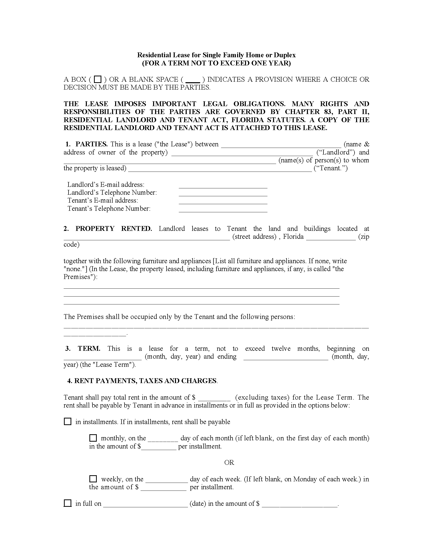 Free Printable Lease Agreement Florida