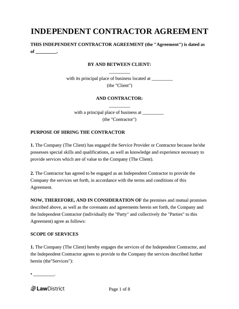 Free Printable Independent Contractor Agreement