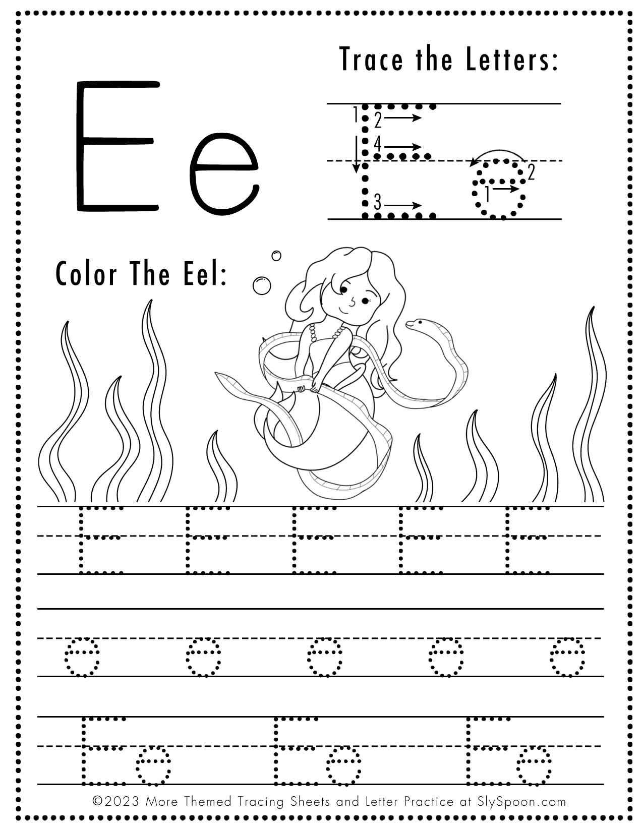Free Letter E Tracing Worksheet Printable Mermaid Themed Sly SpoonSly Spoon