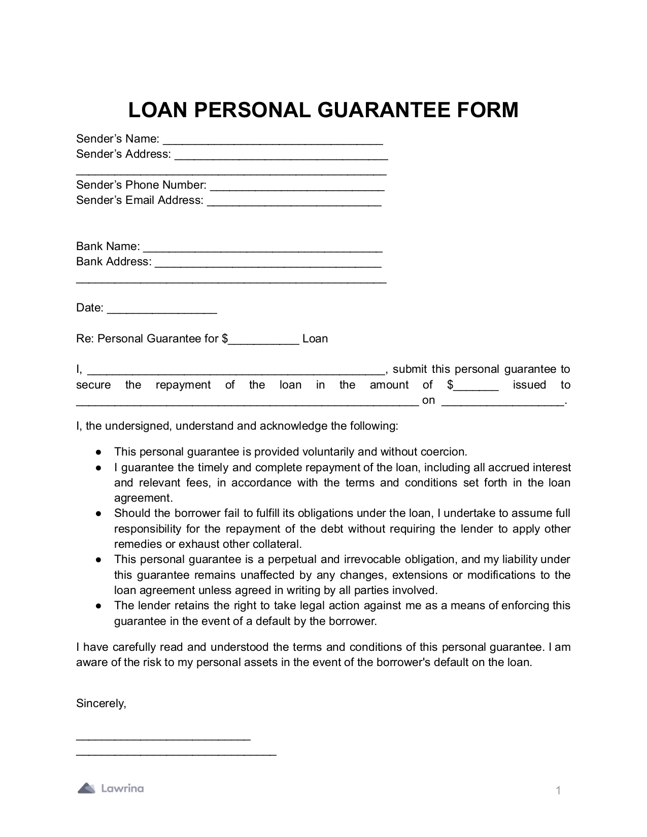 Free Printable Personal Guarantee Form