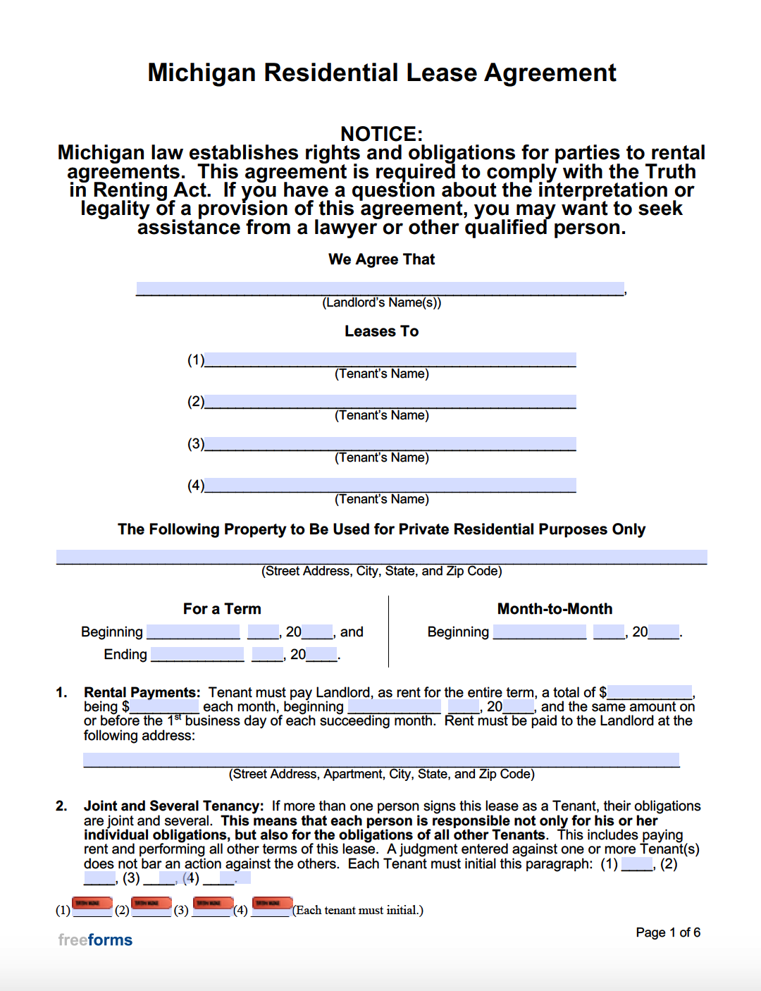 Free Michigan Rental Lease Agreement Templates PDF Word