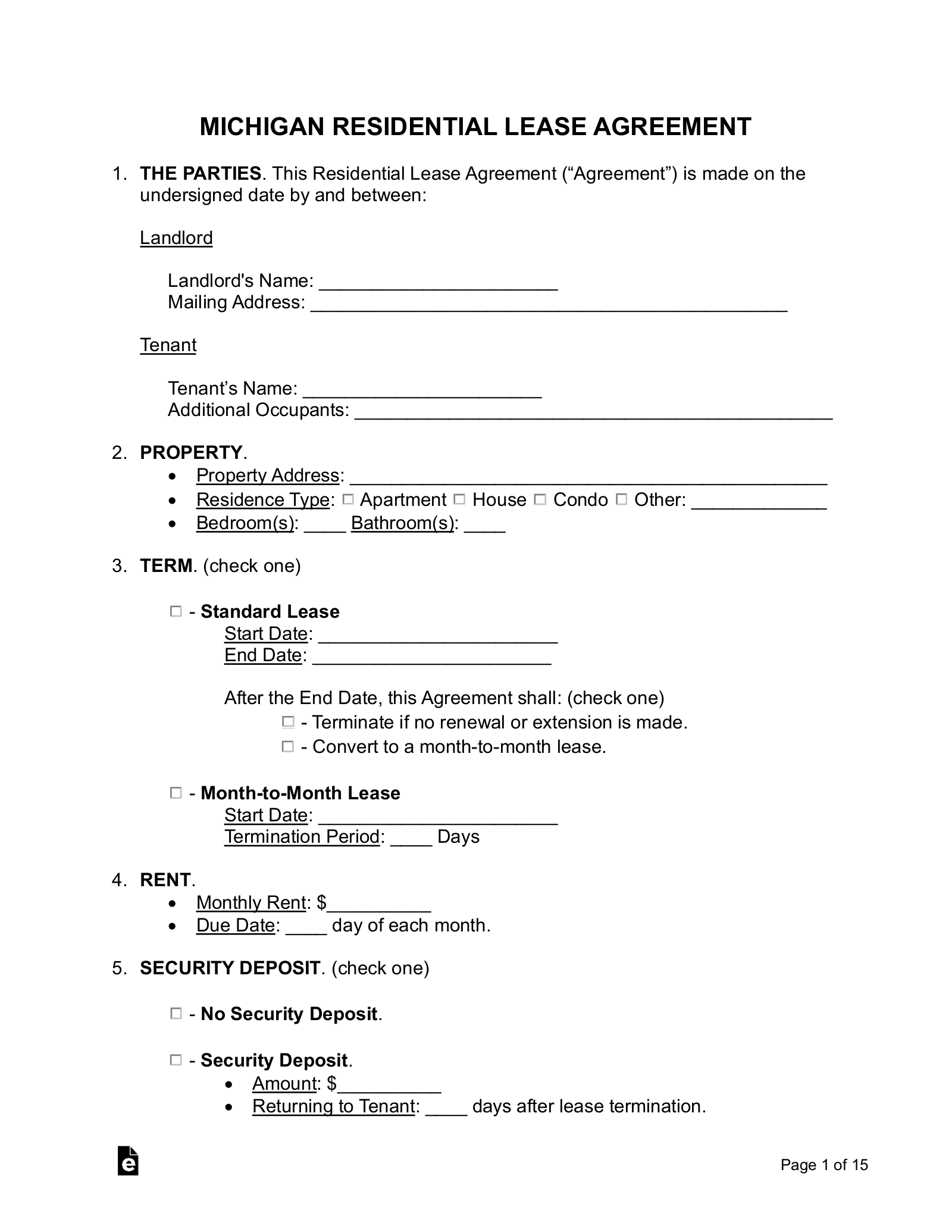 Free Michigan Standard Residential Lease Agreement Template PDF Word EForms
