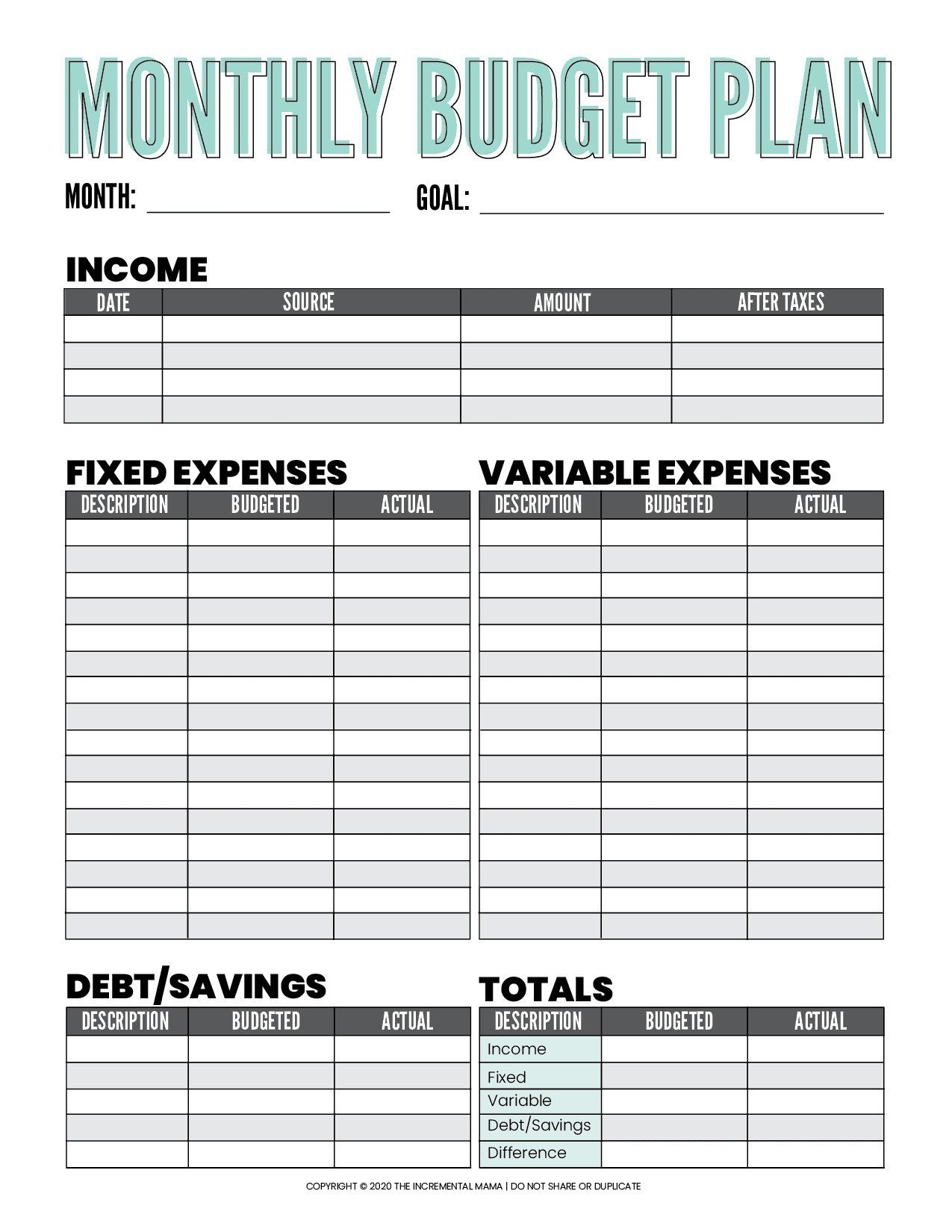 Free Monthly Budget Printable Template