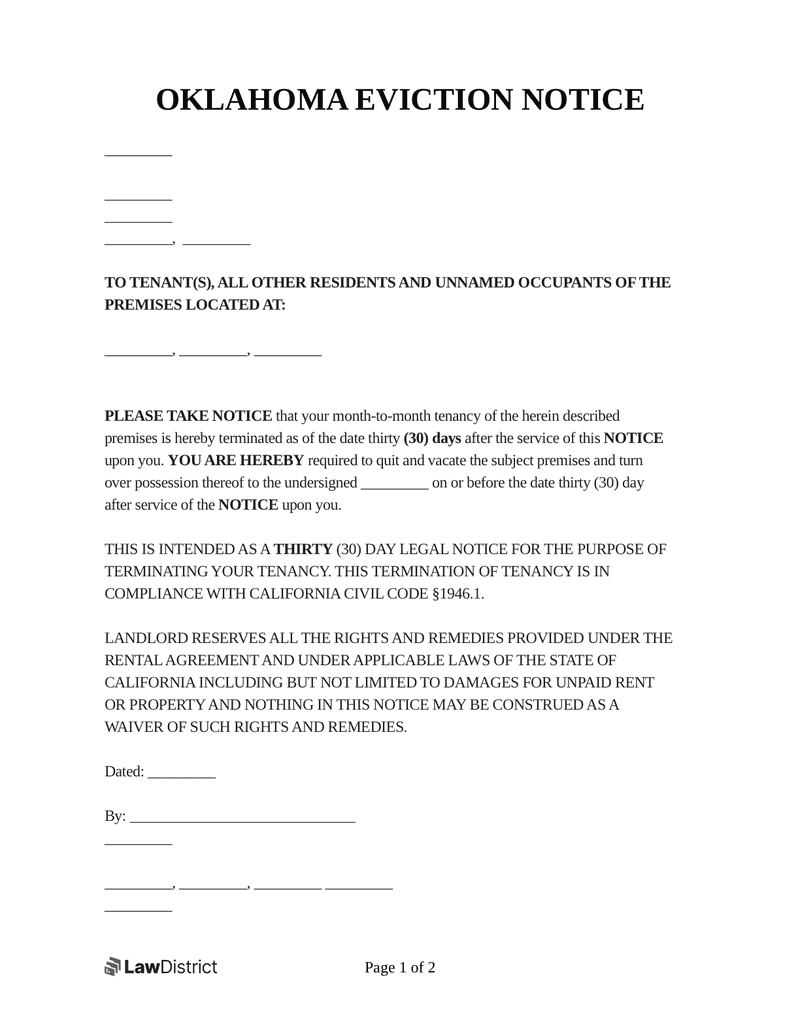 Free Oklahoma Eviction Notice Notice To Vacate LawDistrict