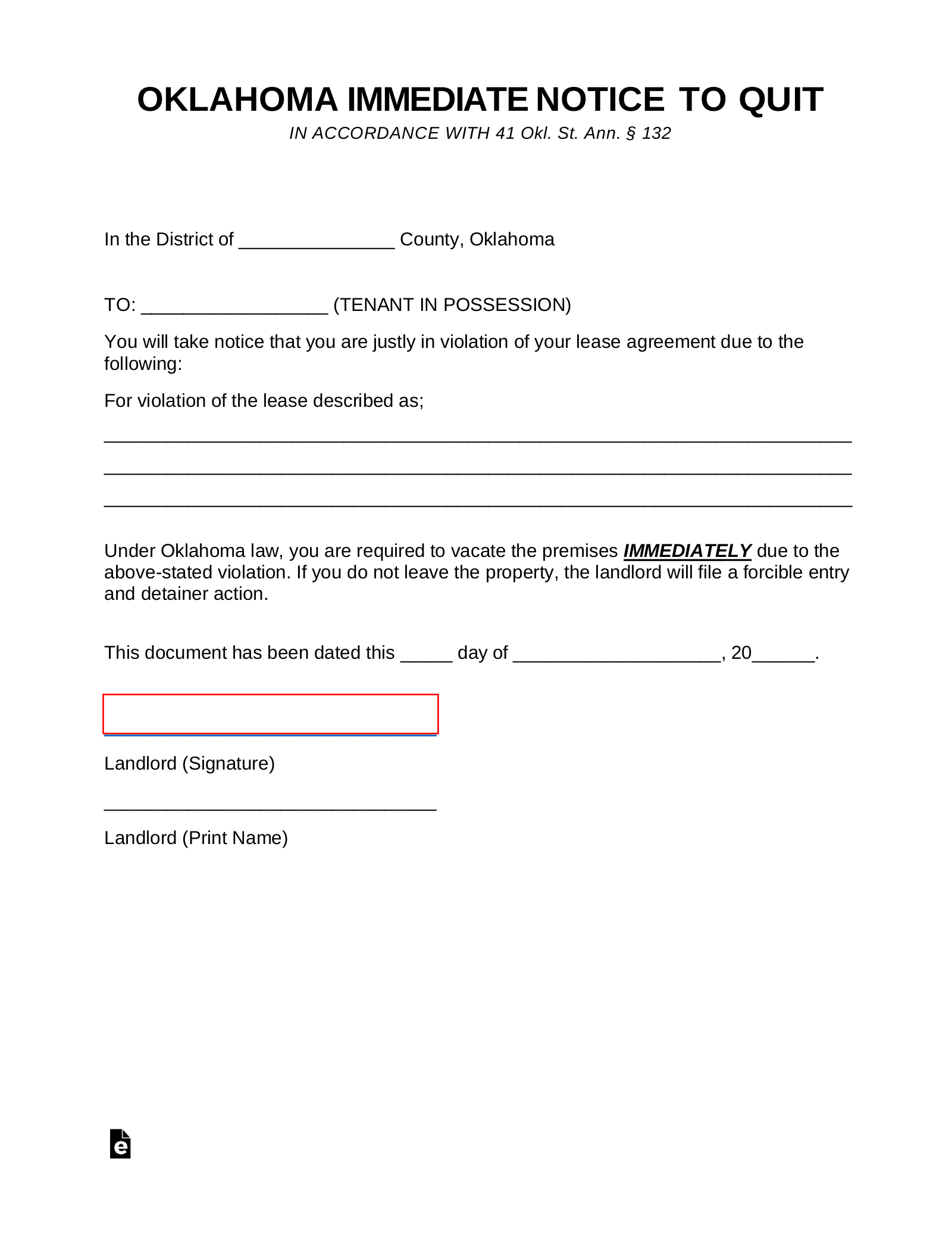 Free Oklahoma Immediate Notice To Quit Form PDF Word EForms
