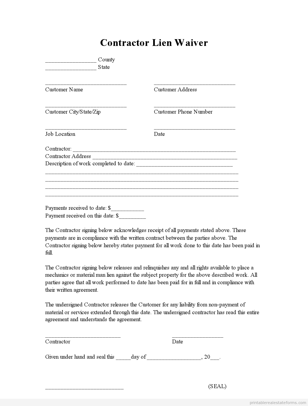 Free Printable Lien Waiver Form EDITABLE PDF WORD 