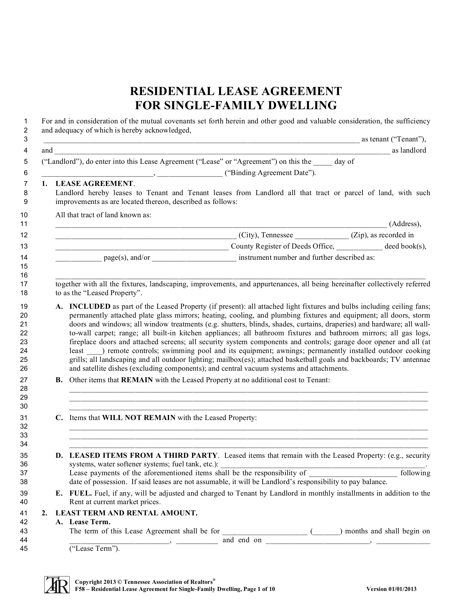 Free Printable Lease Agreement Tennessee