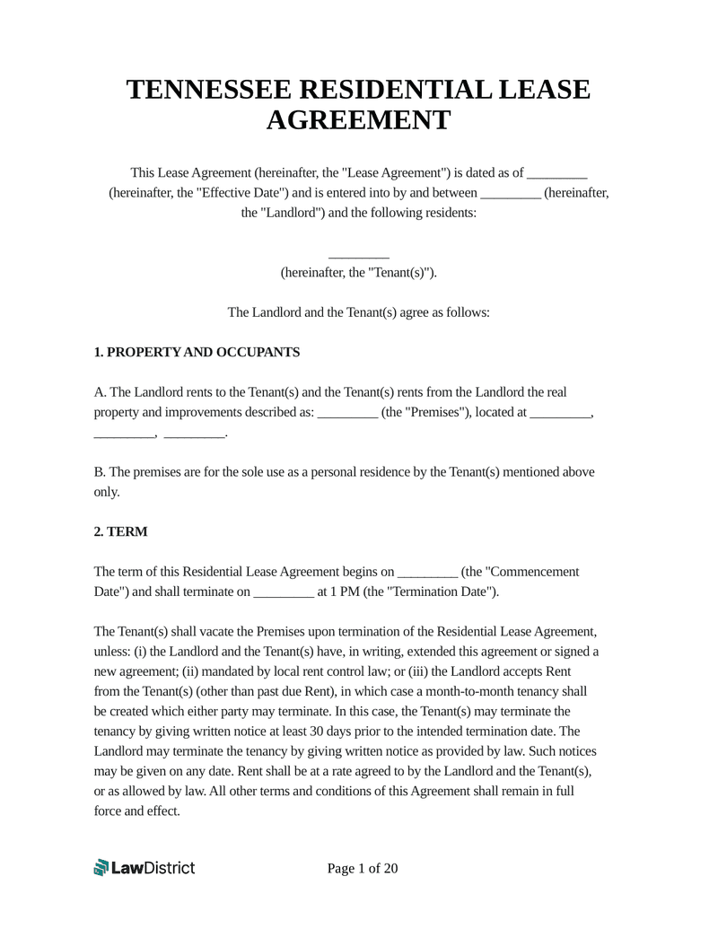 Free Tennessee Lease Agreement PDF Word Template LawDistrict