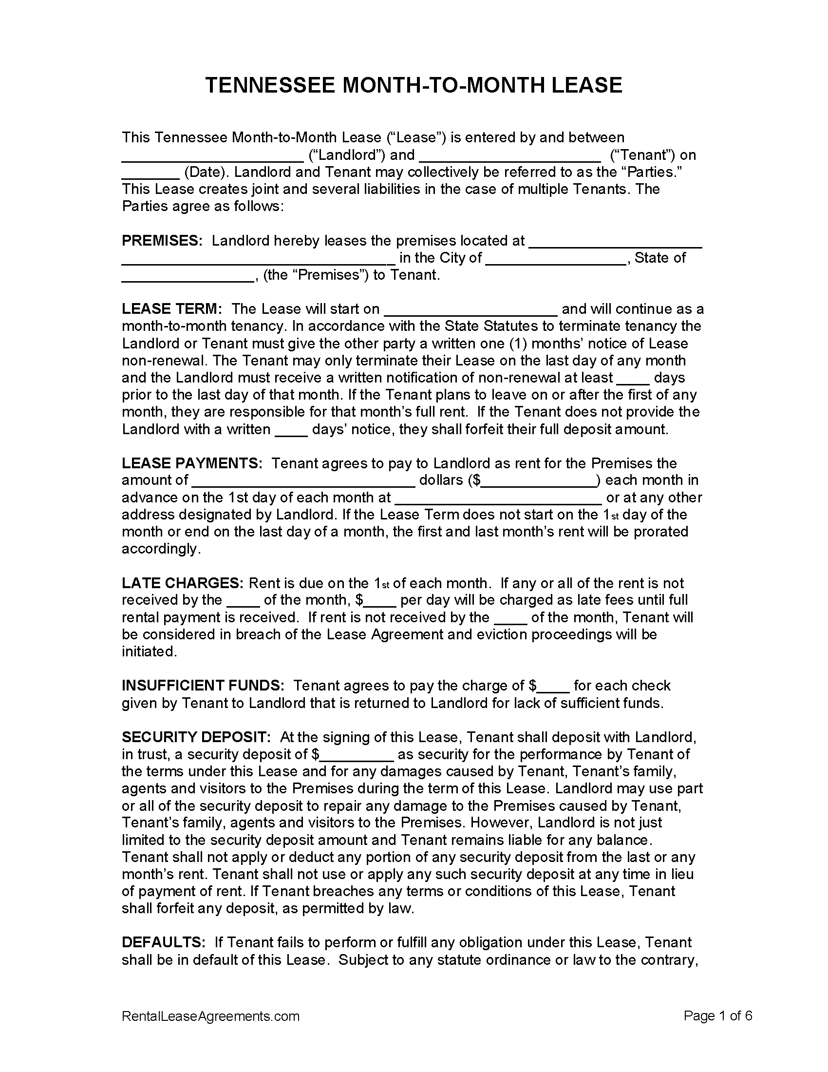 Free Tennessee Month to Month Lease Agreement PDF MS Word