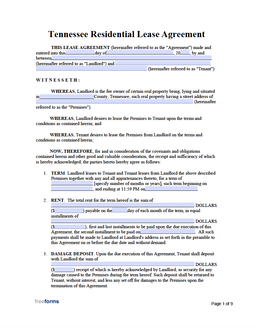 Free Tennessee Rental Lease Agreement Templates PDF Word