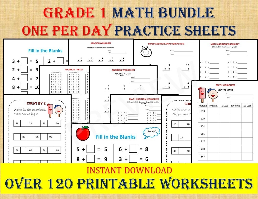 GRADE 1 MATH Workbook One Per Day 120 Math Worksheets Basic Math Printable Worksheets Homeschool Math Facts Montessori Kumon P Etsy