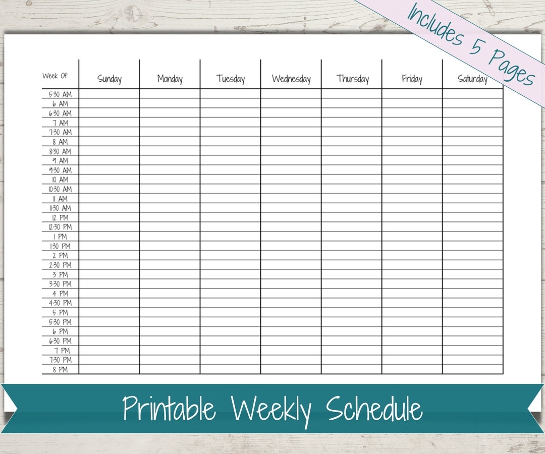 Half hour Weekly Schedule Chart Printable Schedule Template Horizontal Planner Functional Planning Time Blocking Sunday Monday Start Etsy