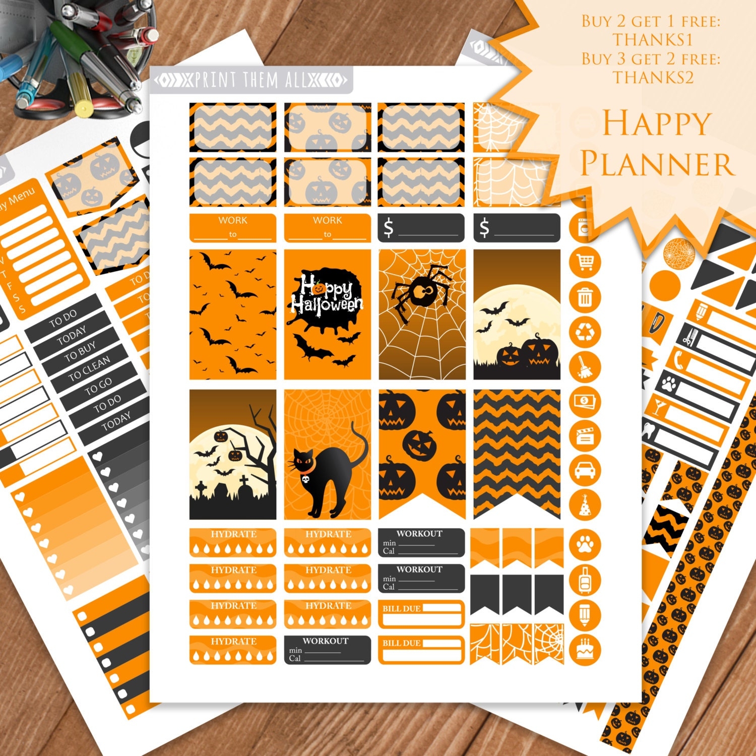 Halloween Planner Stickers Printable HAPPY PLANNER STICKERS Monthly weekly Kit Printable Sampler Happy Planner Kit Instant Download Etsy