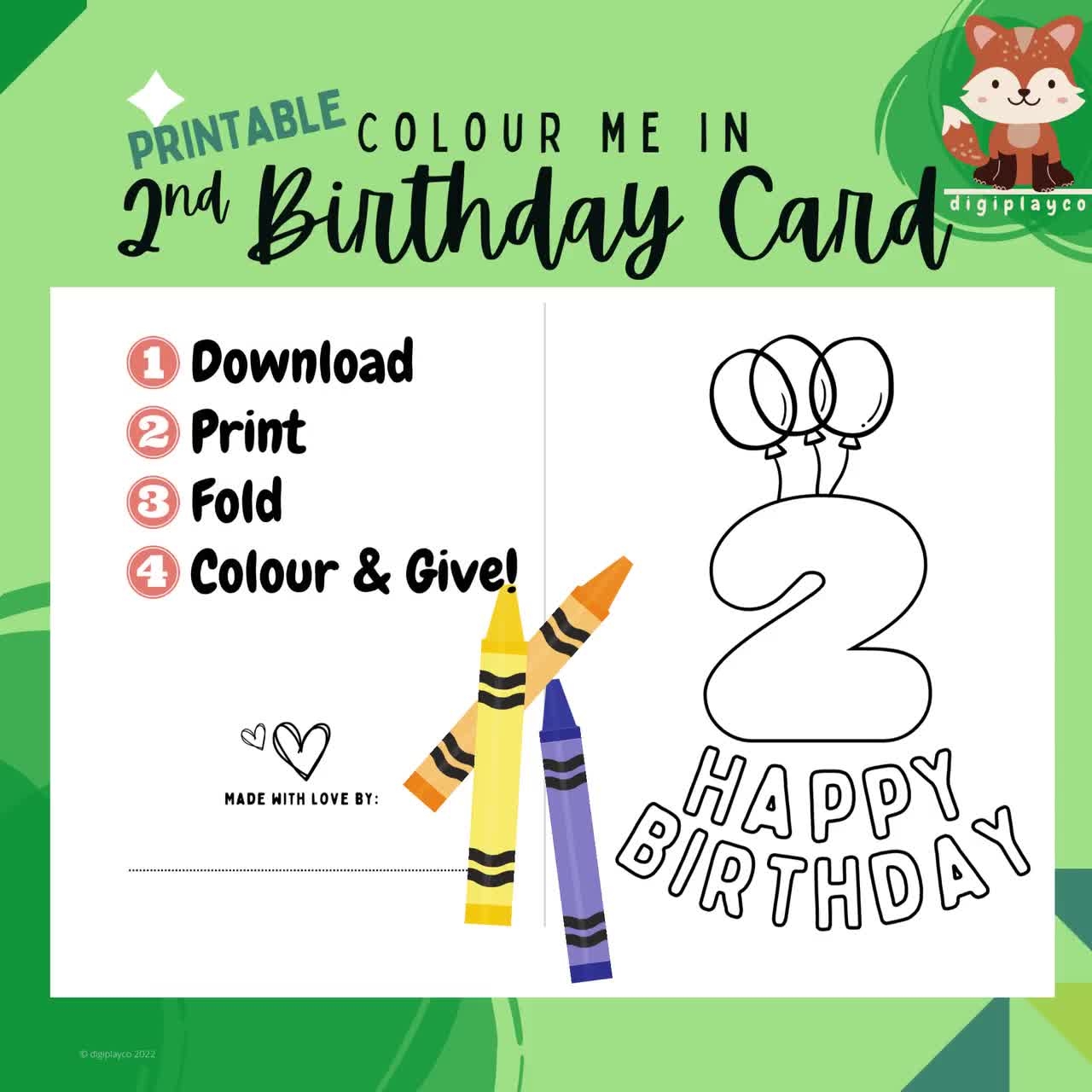 Happy Birthday Card Printable Colour In Kids 2 Year Old Second Birthday Instant Download Printable Coloring In Activity Children Etsy