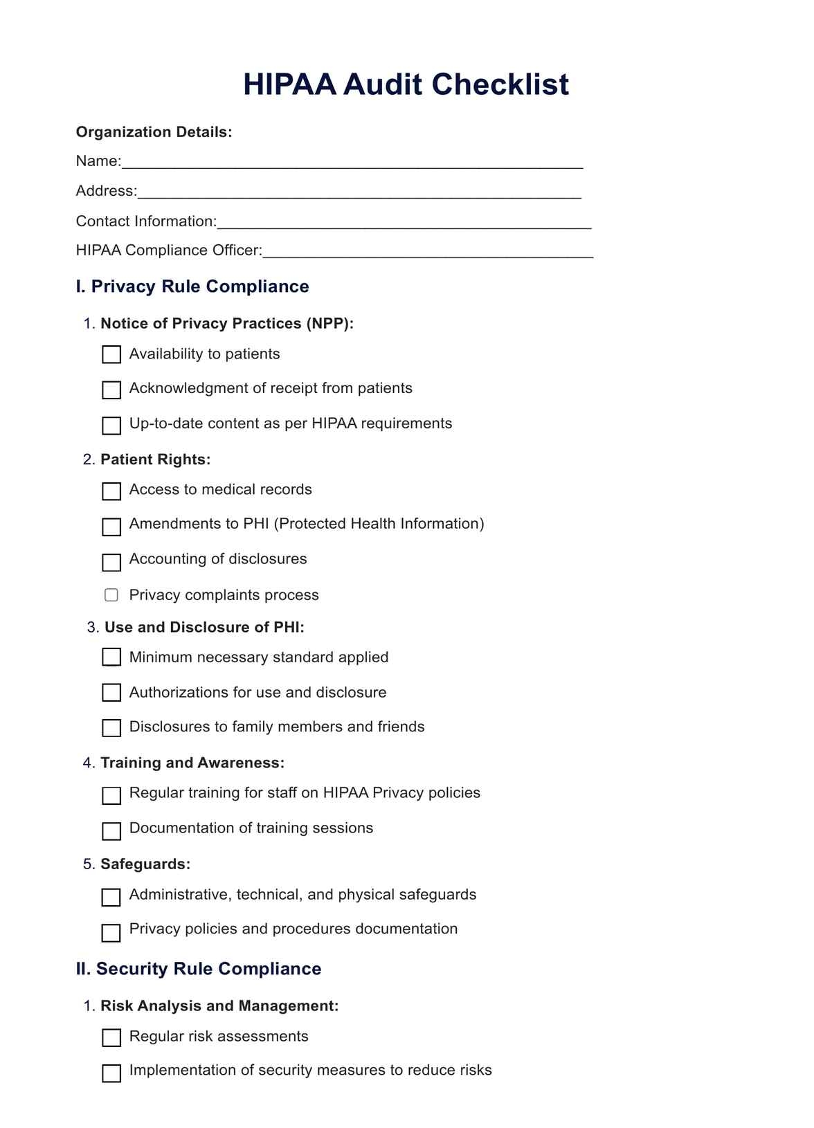 HIPAA Audit Checklist Example Free PDF Download