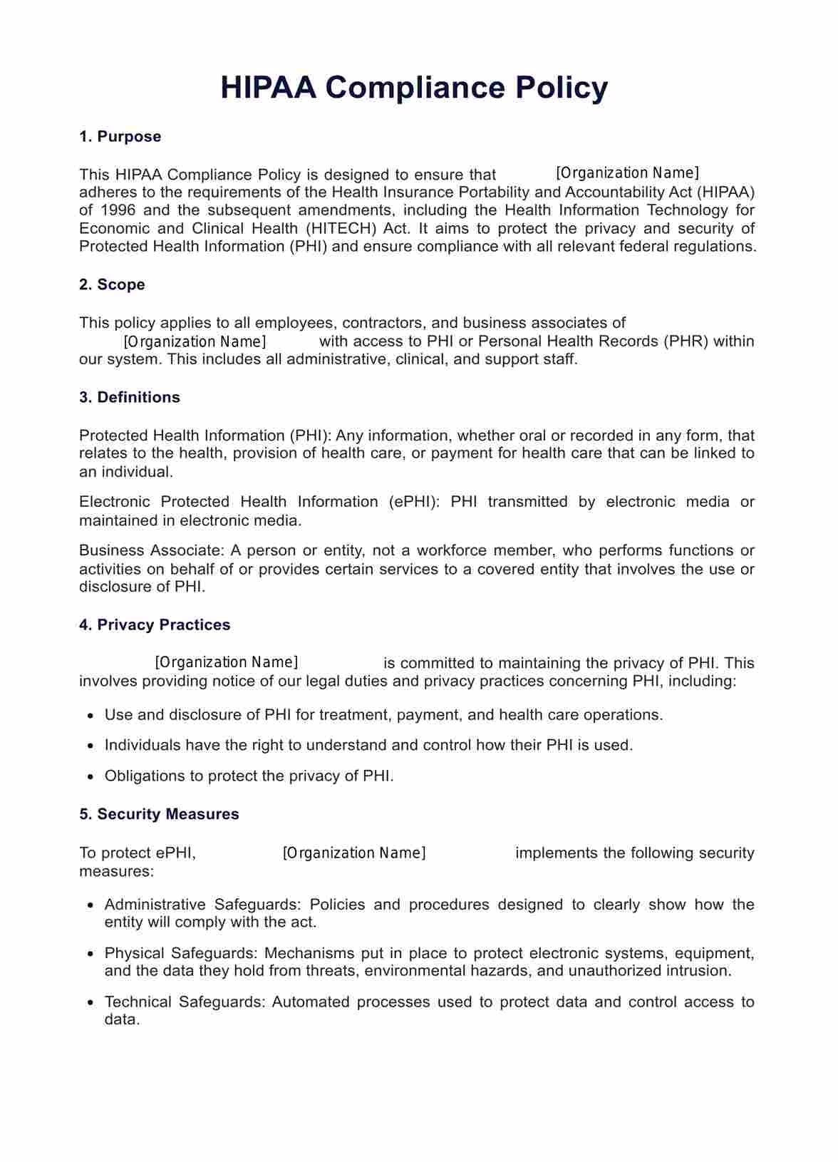 HIPAA Policy Template Example Free PDF Download
