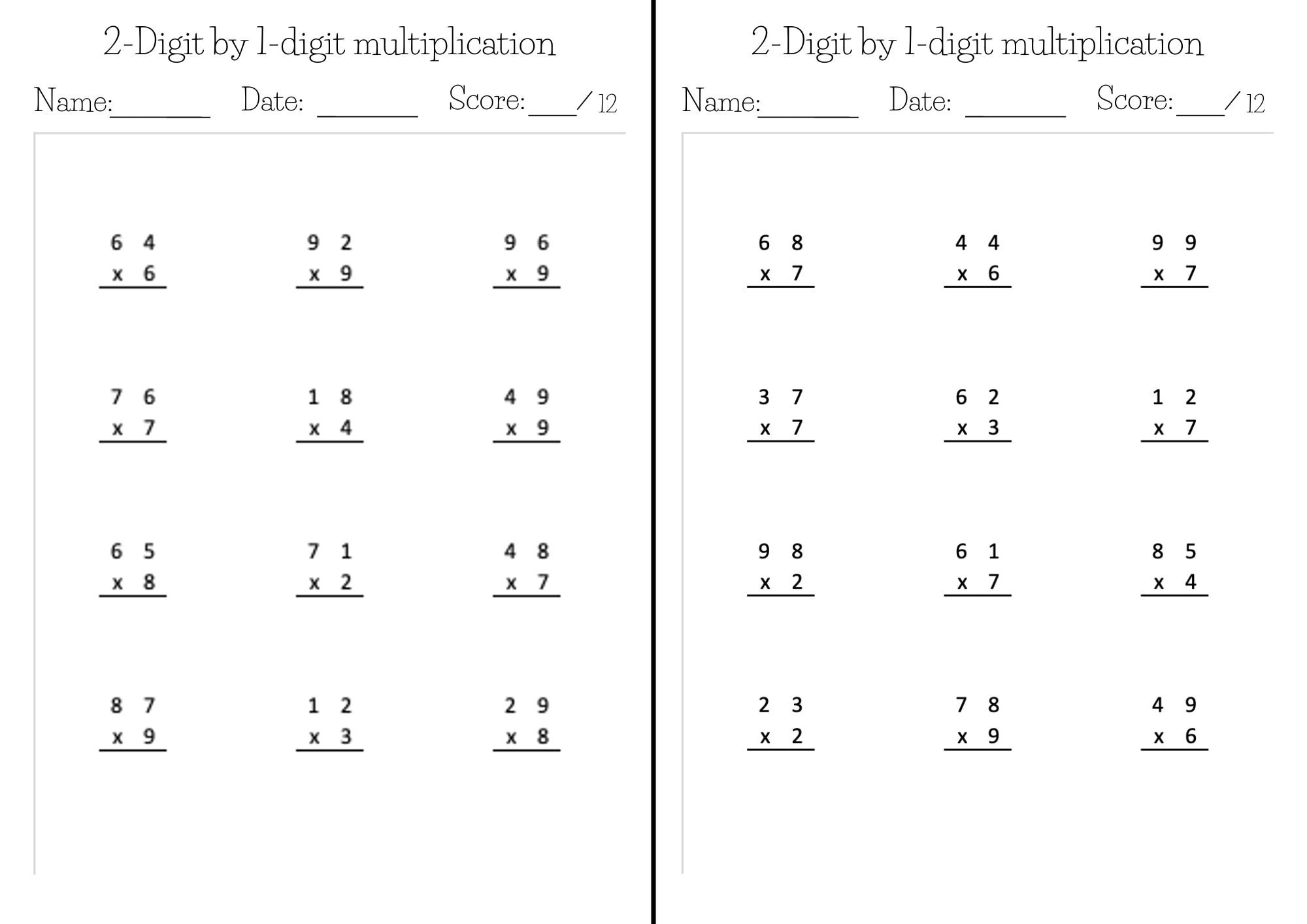 Kumon like Math Worksheets Exercise Pages In PDF 2 digit By 1 digit Multiplication Etsy